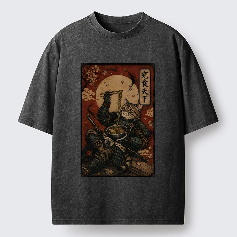 Tokyo-Tiger Bushido Cat Takes A Cozy Ramen Break Washed T-Shirt