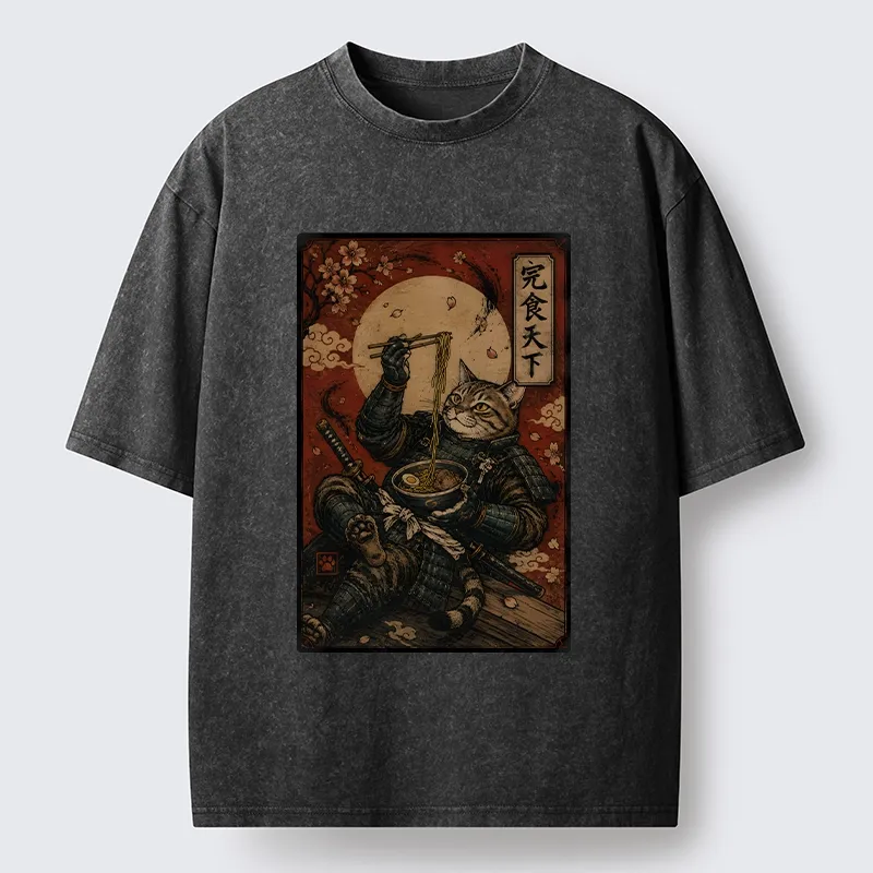 Tokyo-Tiger Bushido Cat Takes A Cozy Ramen Break Washed T-Shirt