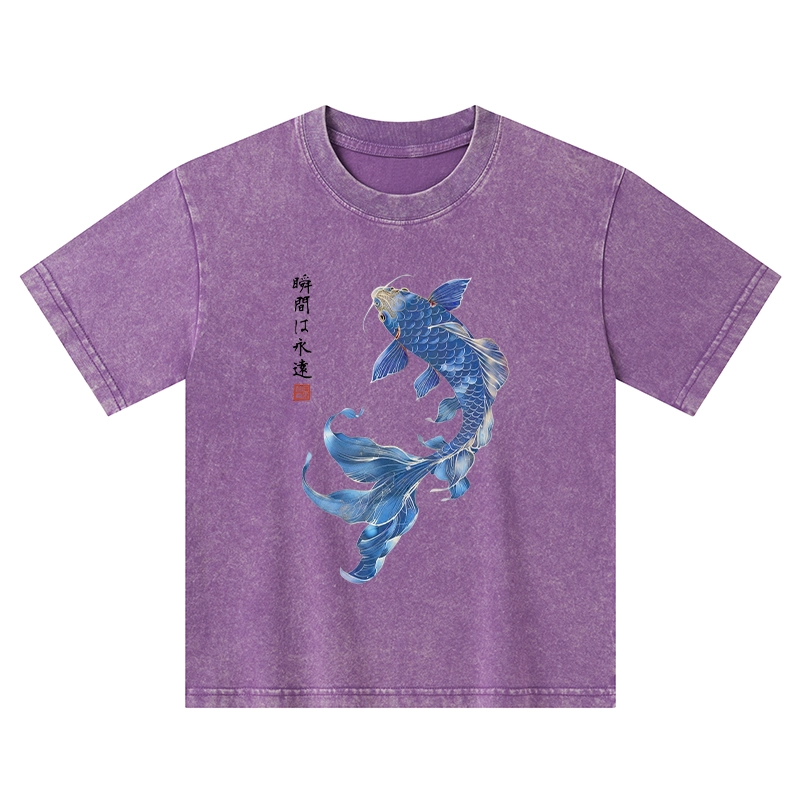 Tokyo-Tiger Lucky Blue Koi Fish Art Kids Washed T-Shirt
