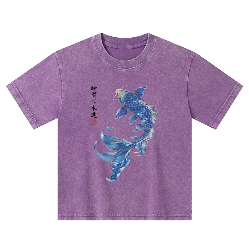 Tokyo-Tiger Lucky Blue Koi Fish Art Kids Washed T-Shirt