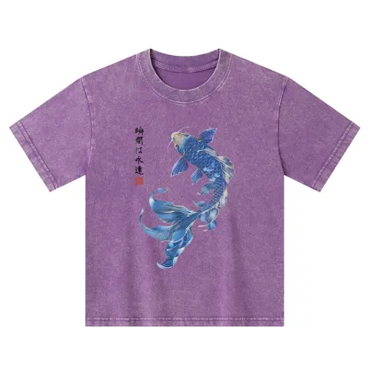 Tokyo-Tiger Lucky Blue Koi Fish Art Kids Washed T-Shirt