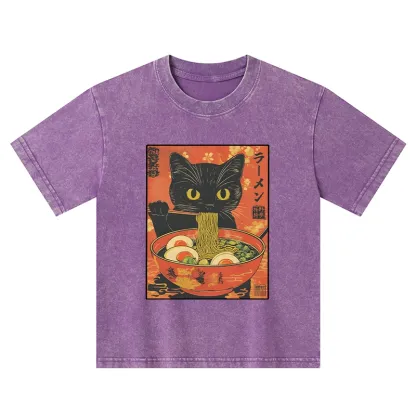 Tokyo-Tiger Hungry Black Cat Loves Ramen Kids Washed T-Shirt