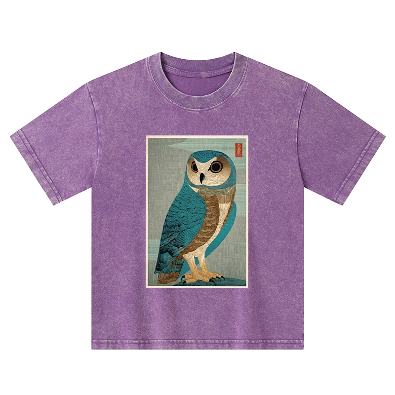 Tokyo-Tiger Vintage Owl Woodblock Art Kids Washed T-Shirt