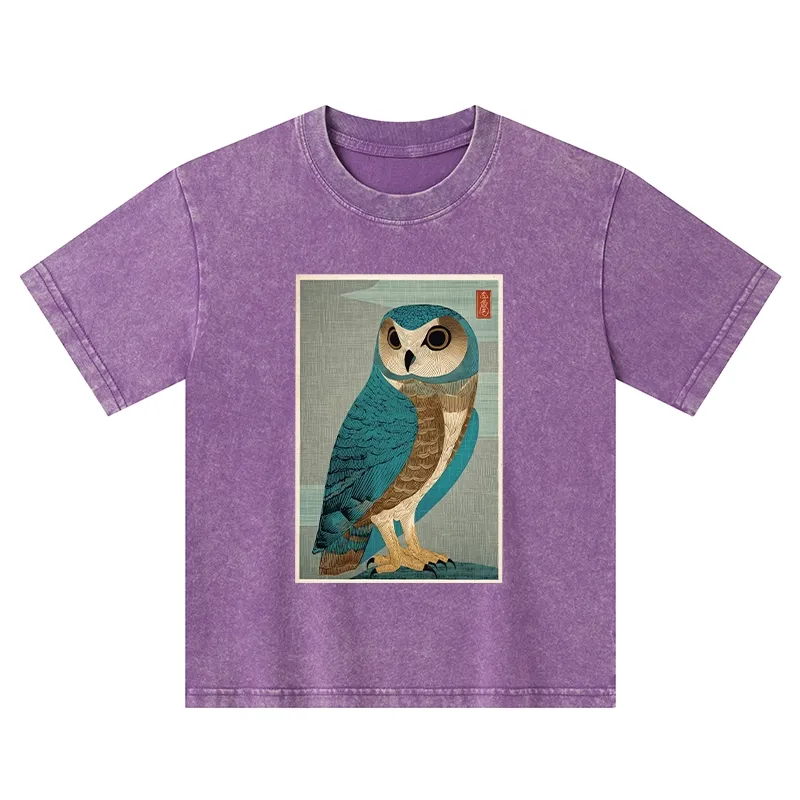 Tokyo-Tiger Vintage Owl Woodblock Art Kids Washed T-Shirt