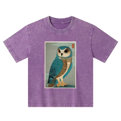 Tokyo-Tiger Vintage Owl Woodblock Art Kids Washed T-Shirt