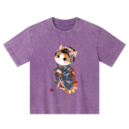 Tokyo-Tiger Cat Dressed As A Geisha Funny Kids Washed T-Shirt