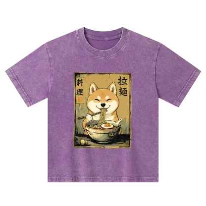 Tokyo-Tiger Happy Shiba Eating Ramen Kids Washed T-Shirt