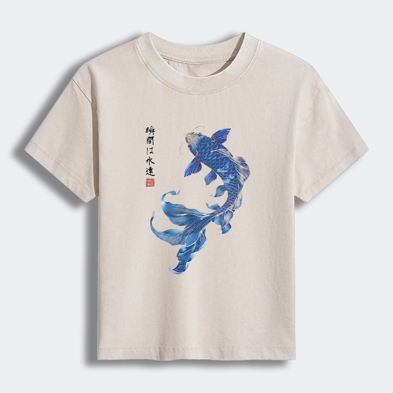 Tokyo-Tiger Lucky Blue Koi Fish Art Women's Washed T-shirt