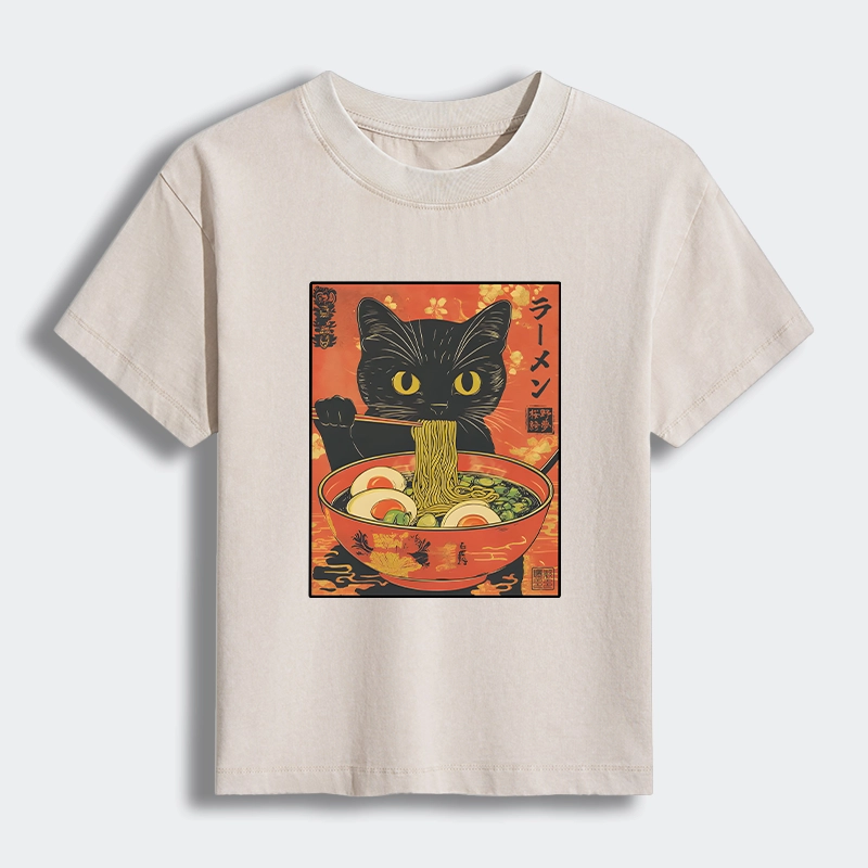 Tokyo-Tiger Hungry Black Cat Loves Ramen Women's Washed T-shirt