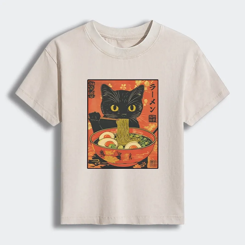 Tokyo-Tiger Hungry Black Cat Loves Ramen Women's Washed T-shirt