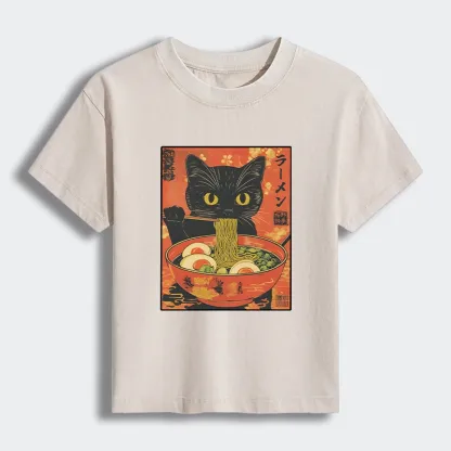 Tokyo-Tiger Hungry Black Cat Loves Ramen Women's Washed T-shirt