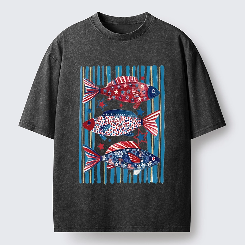 Tokyo-Tiger Vibrant Independence Day Star Decorated Fish Washed T-Shirt