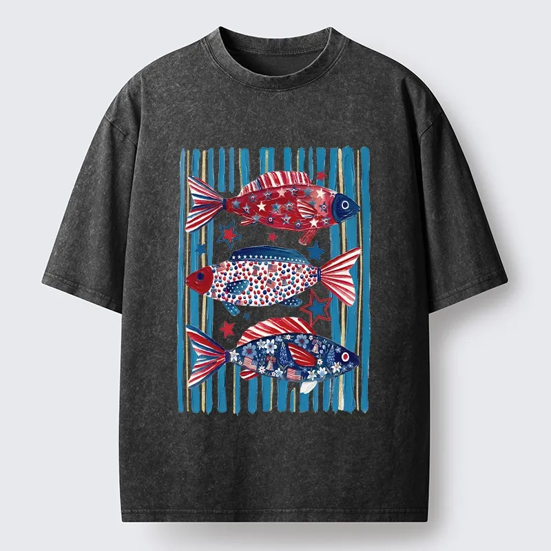 Tokyo-Tiger Vibrant Independence Day Star Decorated Fish Washed T-Shirt