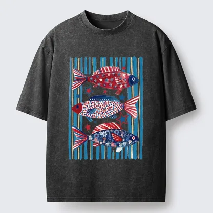 Tokyo-Tiger Vibrant Independence Day Star Decorated Fish Washed T-Shirt