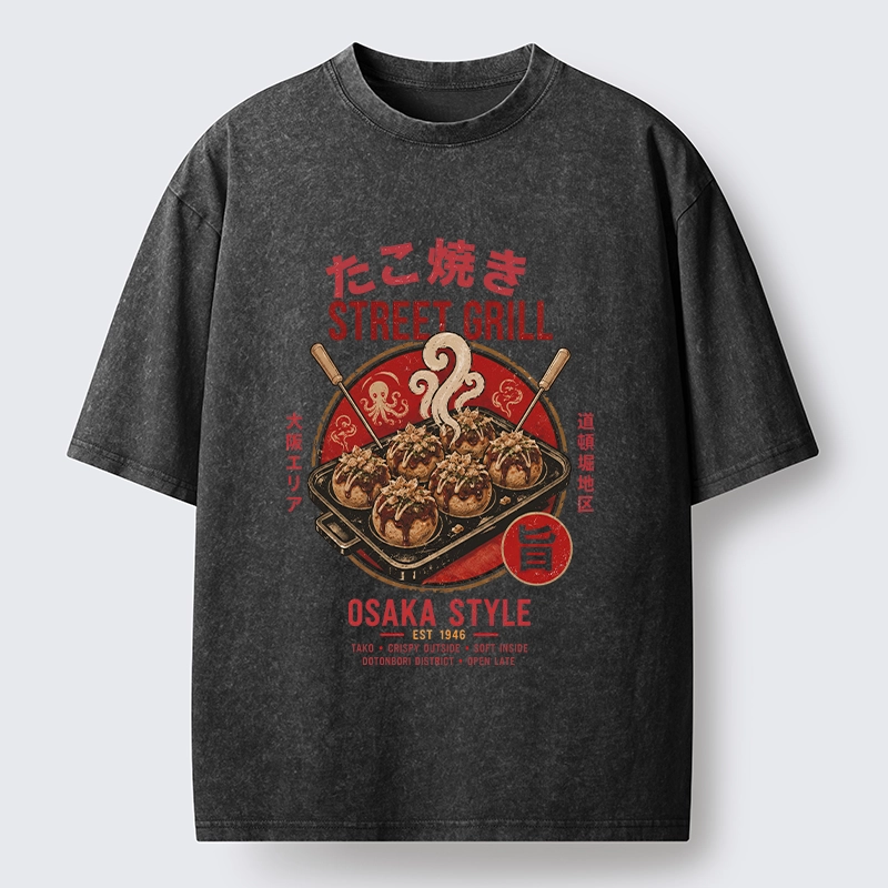 Tokyo-Tiger Osaka Takoyaki Street Grill Art Washed T-Shirt