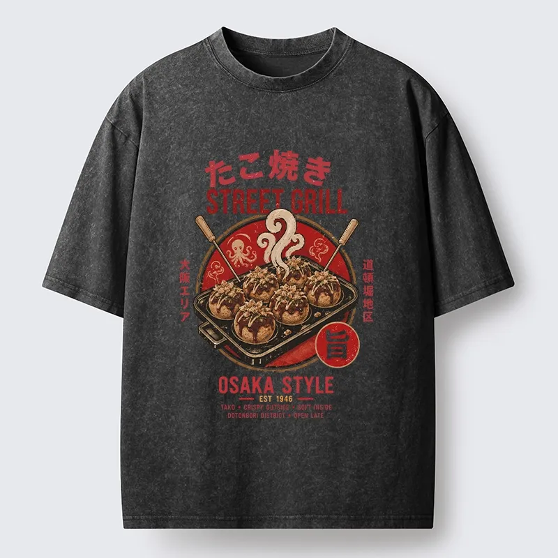 Tokyo-Tiger Osaka Takoyaki Street Grill Art Washed T-Shirt