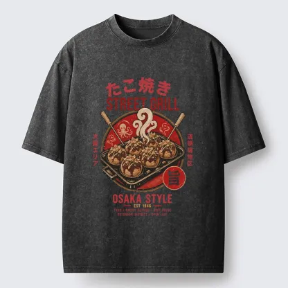 Tokyo-Tiger Osaka Takoyaki Street Grill Art Washed T-Shirt