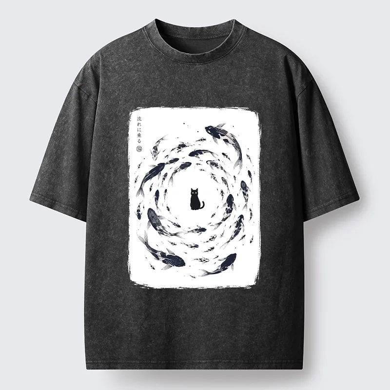 Tokyo-Tiger Traditional Japanese Carp Circle Cat Washed T-Shirt