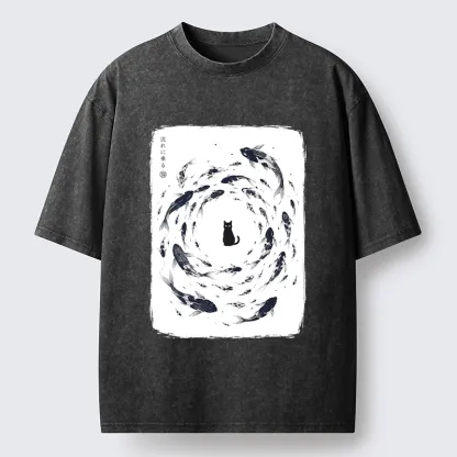 Tokyo-Tiger Traditional Japanese Carp Circle Cat Washed T-Shirt