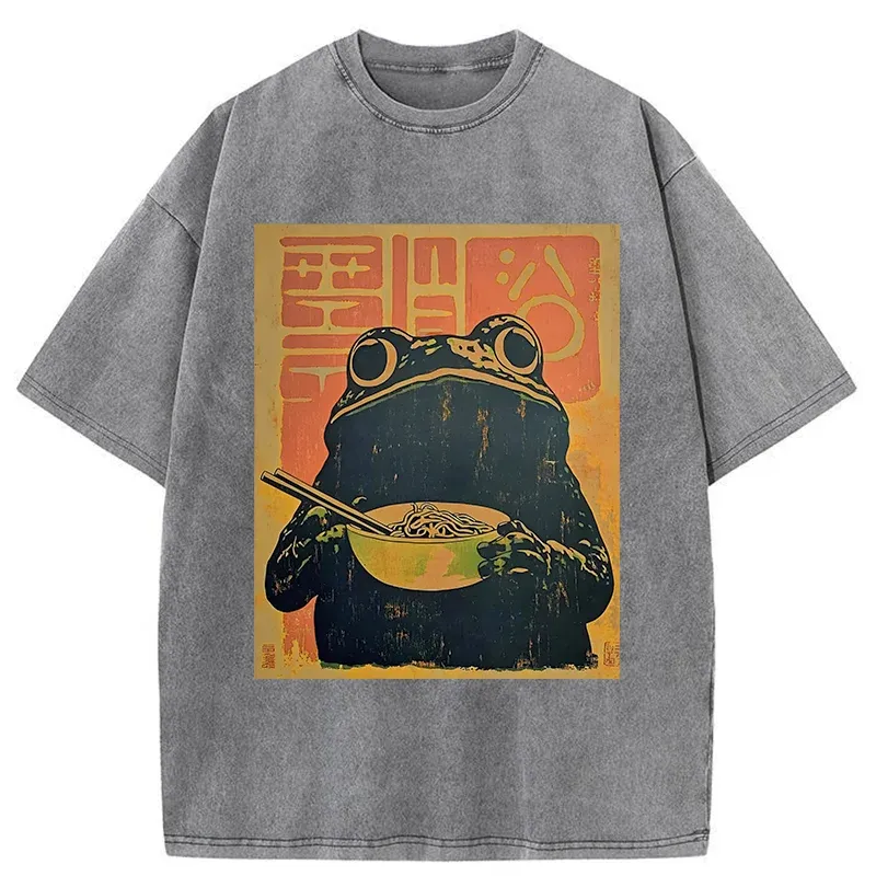 Tokyo-Tiger Retro Frog Eating Ramen Washed T-Shirt