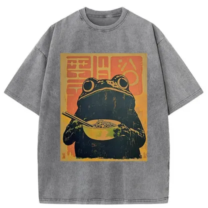 Tokyo-Tiger Retro Frog Eating Ramen Washed T-Shirt