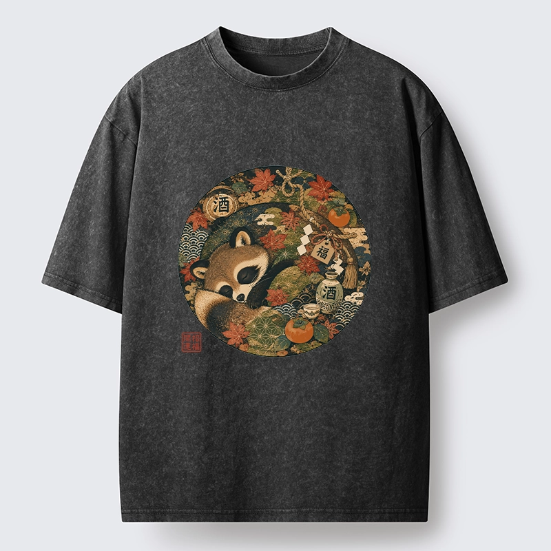 Tokyo-Tiger Sleepy Raccoon Enjoys Autumn Sake Break Washed T-Shirt