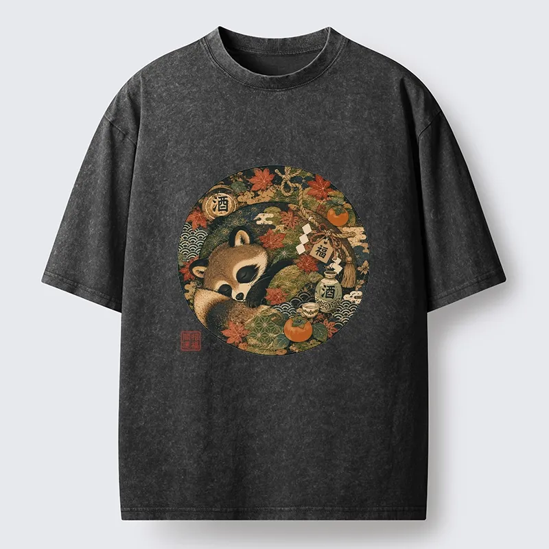 Tokyo-Tiger Sleepy Raccoon Enjoys Autumn Sake Break Washed T-Shirt