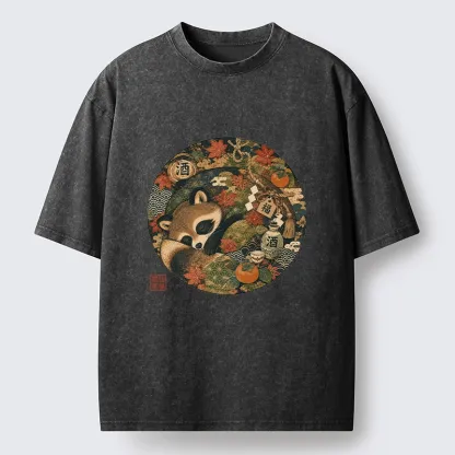 Tokyo-Tiger Sleepy Raccoon Enjoys Autumn Sake Break Washed T-Shirt
