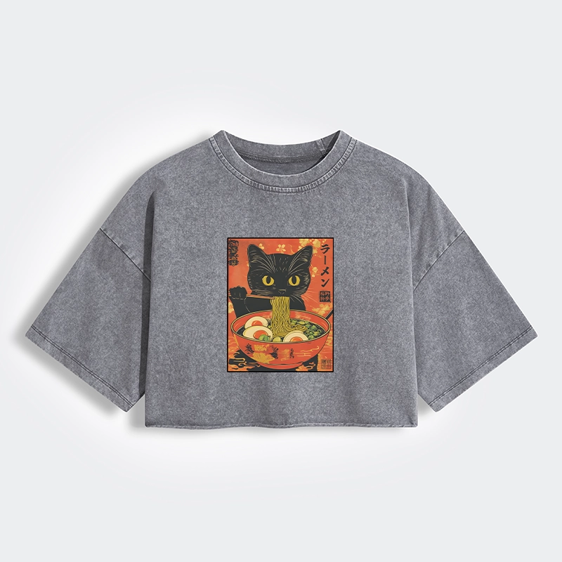 Tokyo-Tiger Hungry Black Cat Loves Ramen Women's Washed Crop T-Shirt