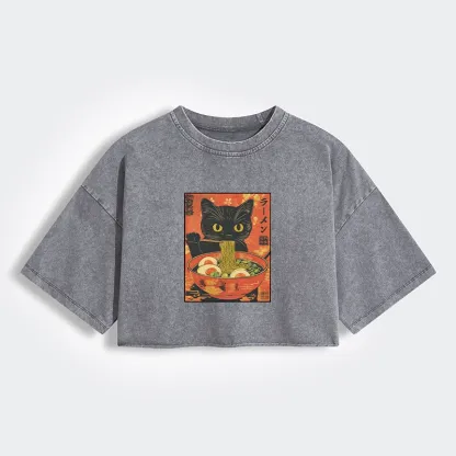 Tokyo-Tiger Hungry Black Cat Loves Ramen Women's Washed Crop T-Shirt