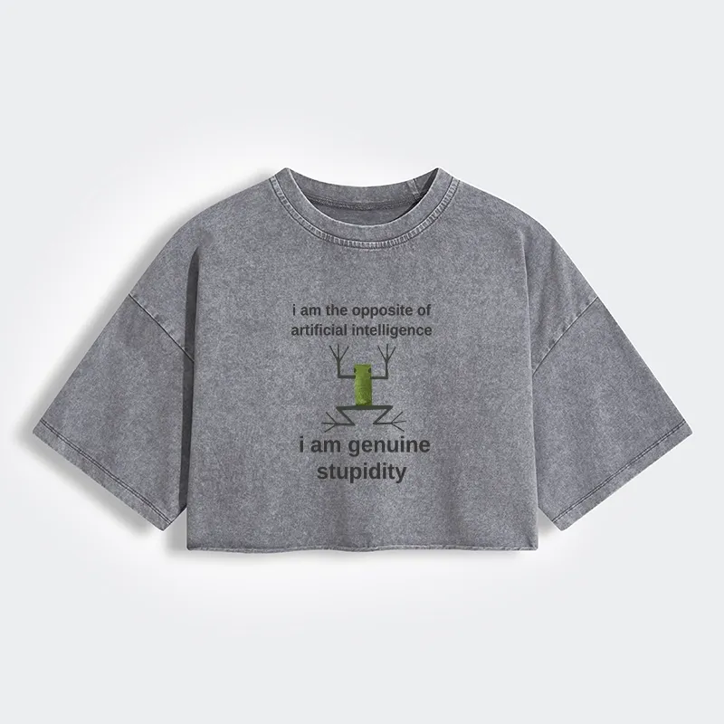 Tokyo-Tiger Genuine Stupidity Frog Meme Women's Washed Crop T-Shirt
