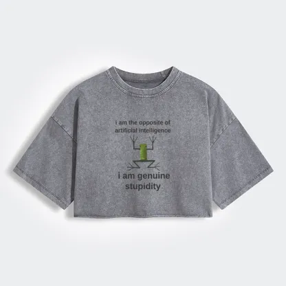 Tokyo-Tiger Genuine Stupidity Frog Meme Women's Washed Crop T-Shirt