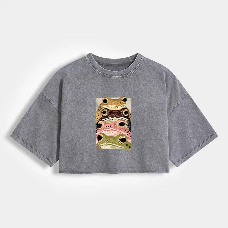 Tokyo-Tiger Whimsical Multi Colored Frog Art Women's Washed Crop T-Shirt