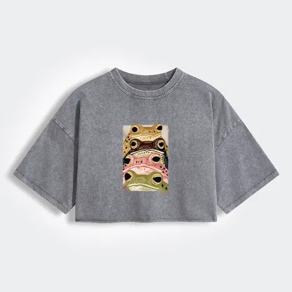 Tokyo-Tiger Whimsical Multi Colored Frog Art Women's Washed Crop T-Shirt