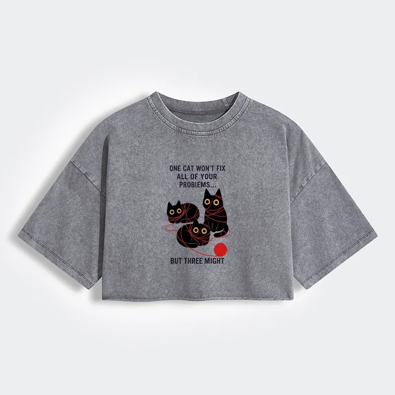 Tokyo-Tiger Three Cats Fix All Problems Women's Washed Crop T-Shirt