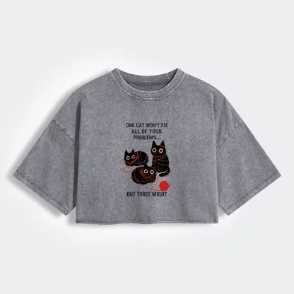 Tokyo-Tiger Three Cats Fix All Problems Women's Washed Crop T-Shirt