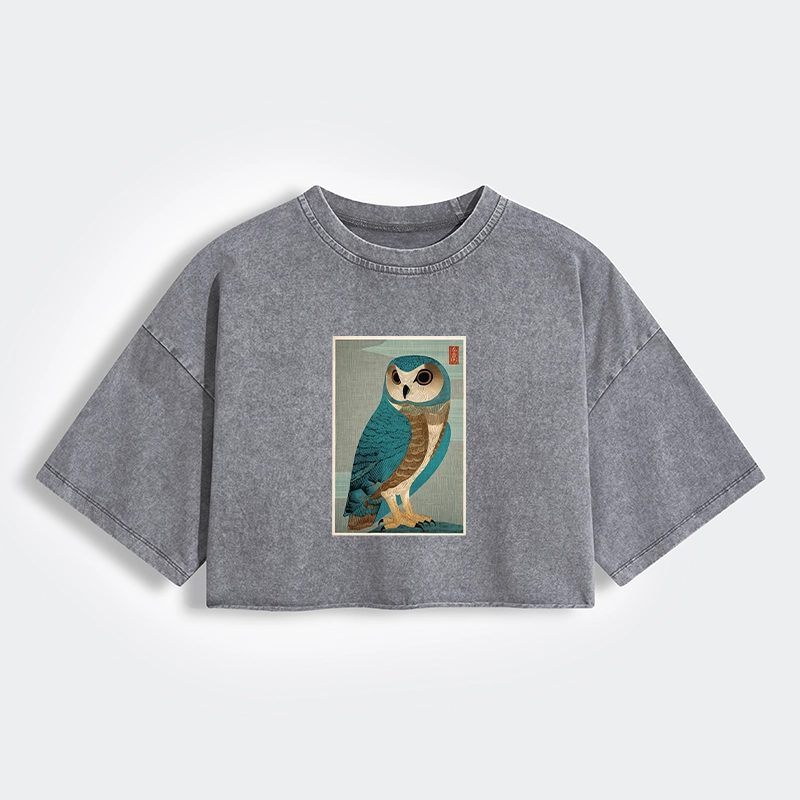 Tokyo-Tiger Vintage Owl Woodblock Art Women's Washed Crop T-Shirt
