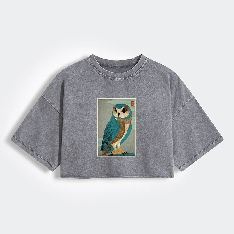 Tokyo-Tiger Vintage Owl Woodblock Art Women's Washed Crop T-Shirt