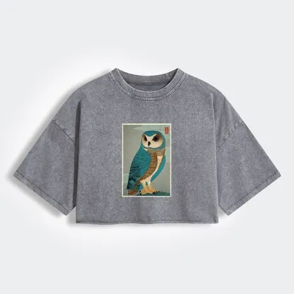 Tokyo-Tiger Vintage Owl Woodblock Art Women's Washed Crop T-Shirt
