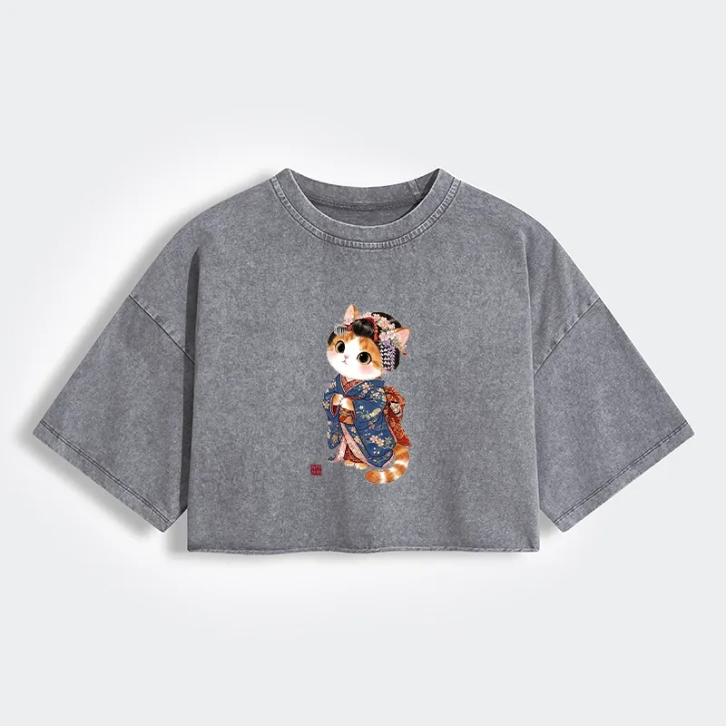Tokyo-Tiger Cat Dressed As A Geisha Funny Women's Washed Crop T-Shirt