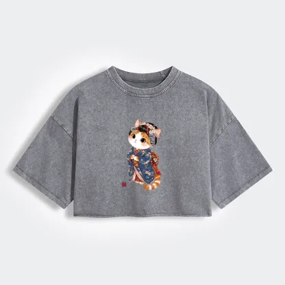 Tokyo-Tiger Cat Dressed As A Geisha Funny Women's Washed Crop T-Shirt
