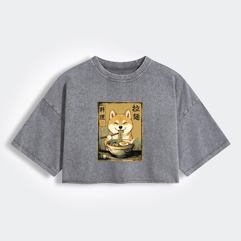 Tokyo-Tiger Happy Shiba Eating Ramen Women's Washed Crop T-Shirt