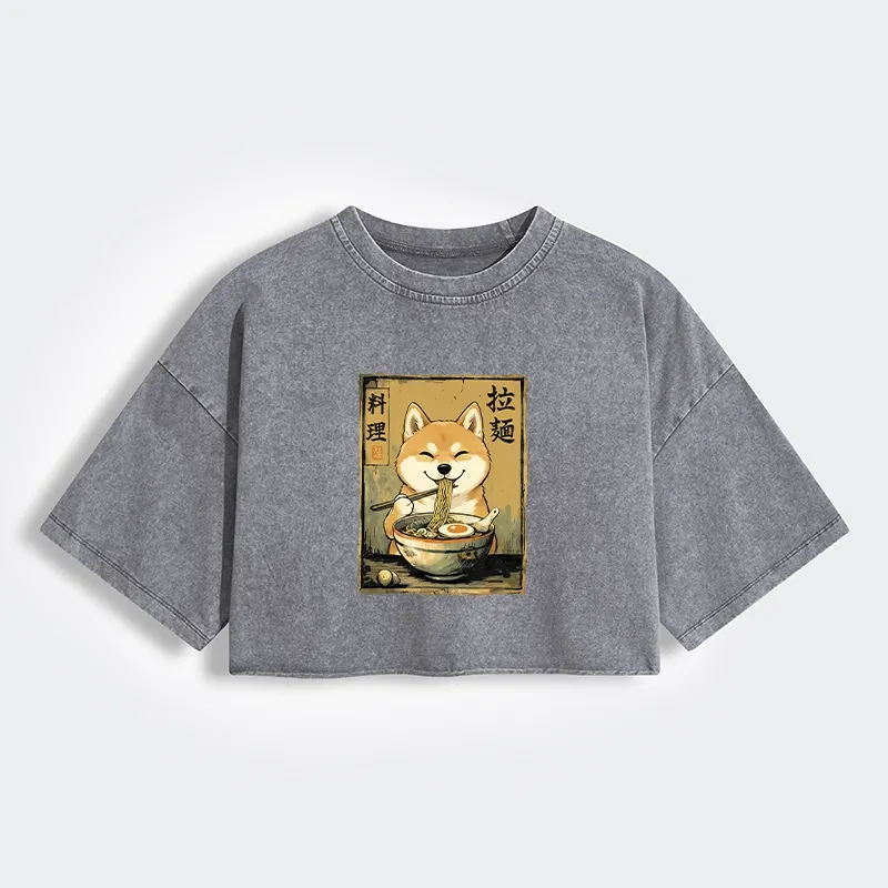 Tokyo-Tiger Happy Shiba Eating Ramen Women's Washed Crop T-Shirt