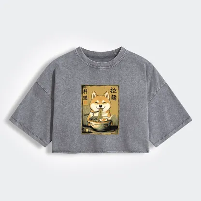 Tokyo-Tiger Happy Shiba Eating Ramen Women's Washed Crop T-Shirt