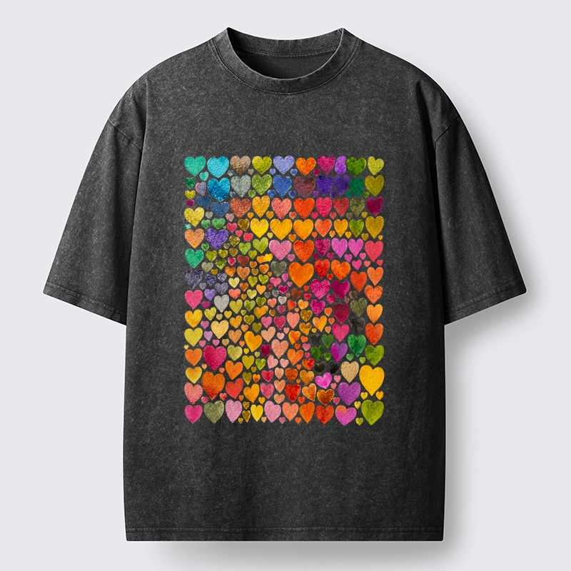 Tokyo-Tiger Rainbow Hearts Fill Full Art Grid Washed T-Shirt