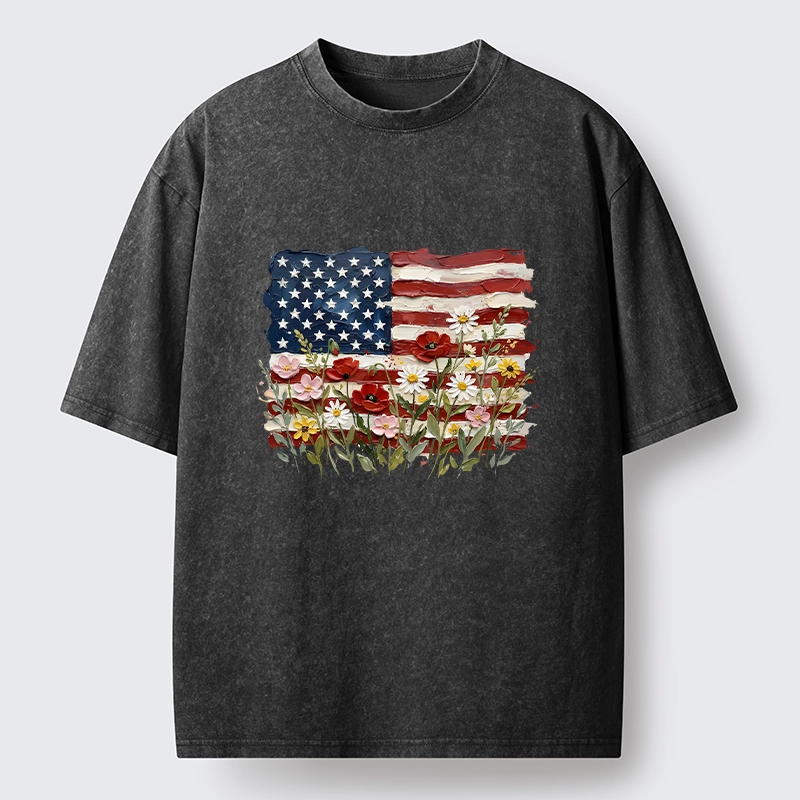 Tokyo-Tiger Floral Accents On Textured Flag Art Washed T-Shirt