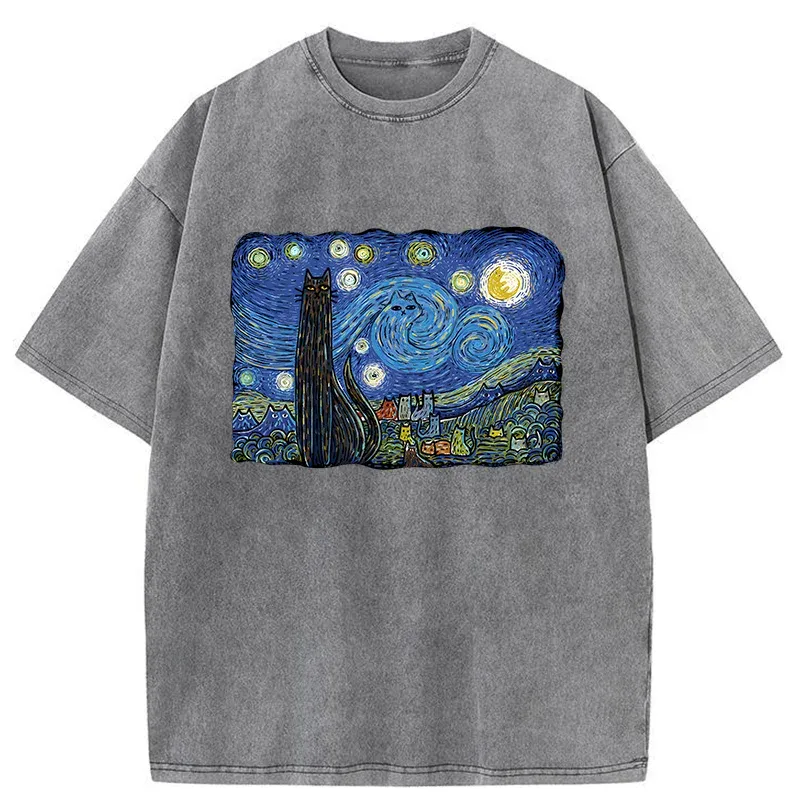 Tokyo-Tiger Cat Under The Starry Night Washed T-Shirt