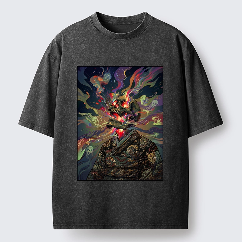 Tokyo-Tiger Colorful Flame Spirits Around Dead Head Washed T-Shirt