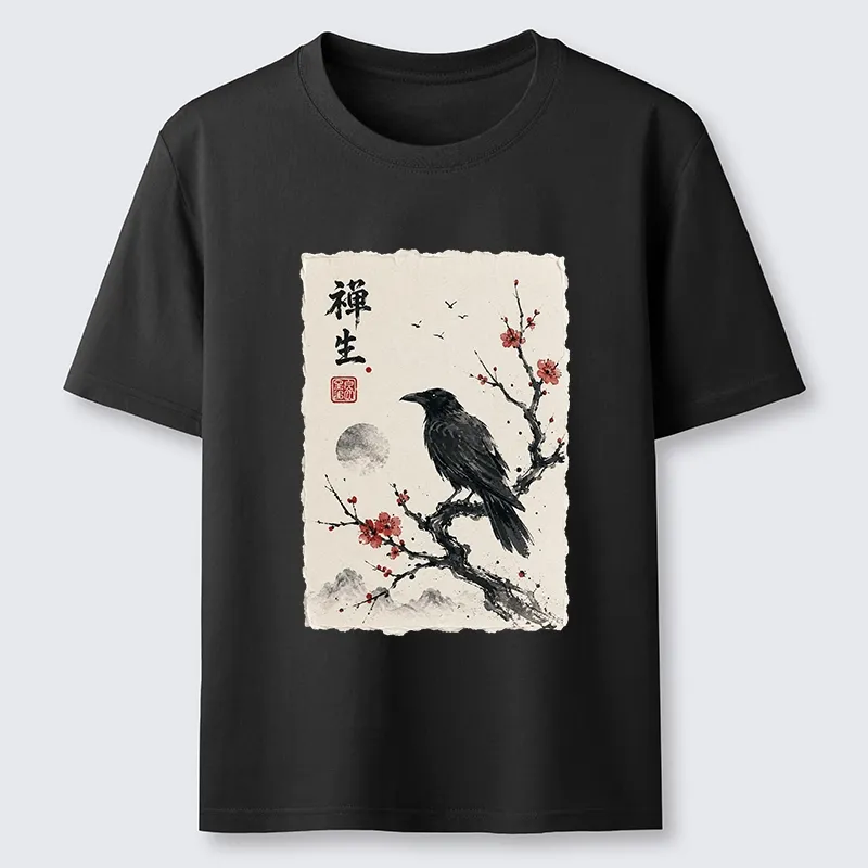 Tokyo-Tiger Zen Crow Resting On Red Plum Branch Classic T-Shirt Sale