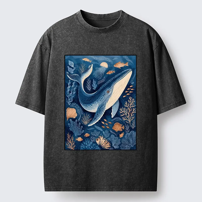 Tokyo-Tiger Blue Whale Under The Sea Washed T-Shirt